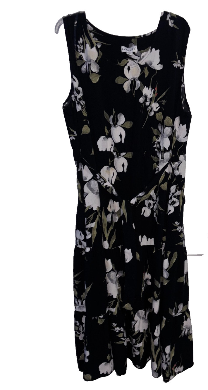 Ava Viv Floral Tiered Midi Dress Women 3X Black White Sage Tulip Empire Waist